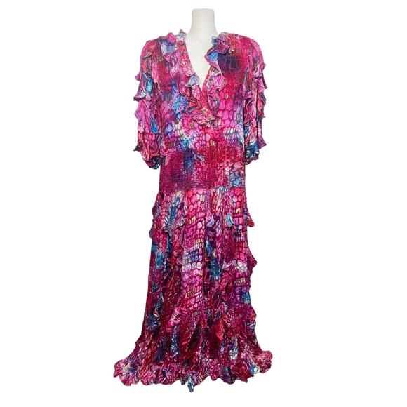 Diane Freis Georgette Colorful Dress Mermaid‎ Silk Drop Waist Flowy Ruffles Rare - Picture 1 of 16